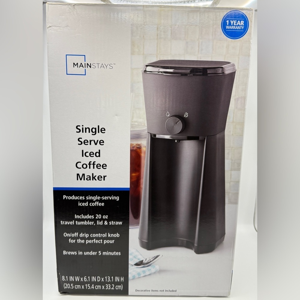 MAINSTAYS Single Serve Iced Coffee Maker with 20 oz Tumbler Reusable Filter